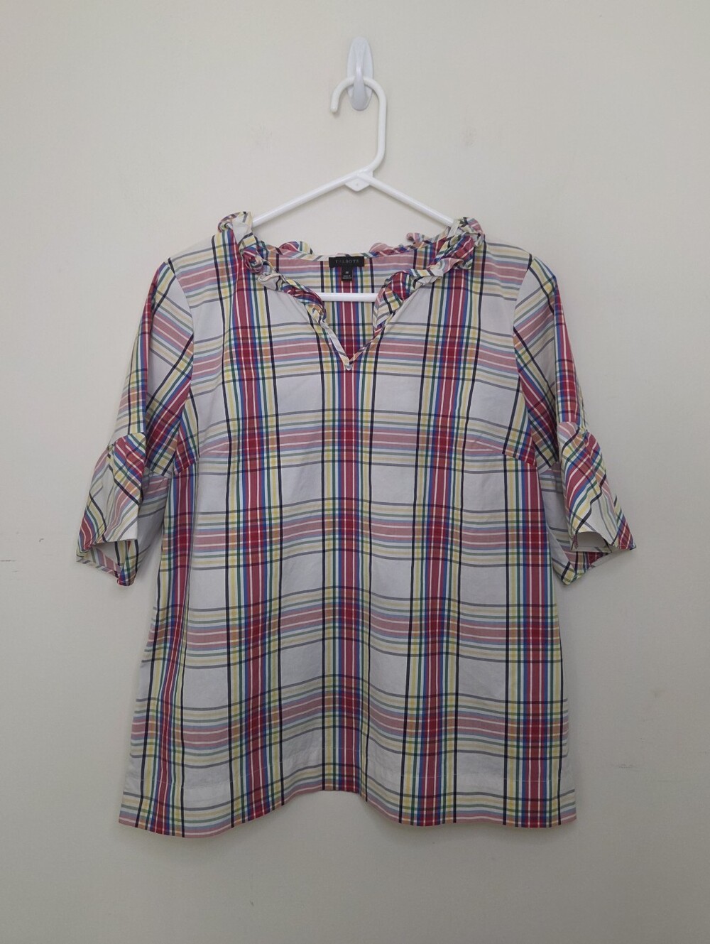 Women's Talbots Plaid Ruffle Neckline Bell Sleeve Top Sz Medium
